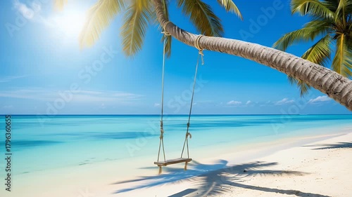Idyllic Rope Swing on a Sunny Tropical Beach with Calm Turquoise Sea and Blue Sky