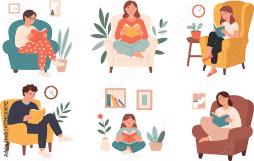 People Reading Books in Cozy Home Settings with Armchairs, Decor, and Plants for Literacy, Mindfulness, Relaxation, and Vector Lifestyle Illustration