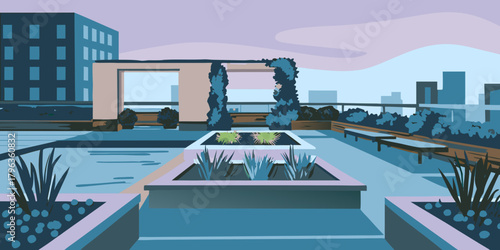 Isometric Urban Rooftop Garden Vector Scene