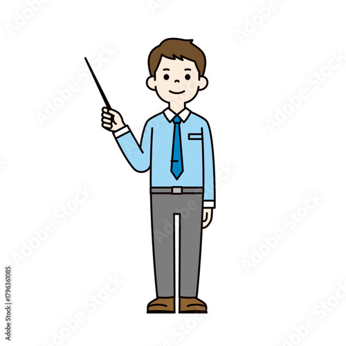 指示棒を持って説明する、ワイシャツを着た若い男性の全身ベクターイラスト素材＿カラー