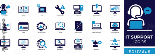 Flat IT support icon set featuring troubleshooting, error, warning, installation, maintenance, tech support, system repair and maintenance symbols. Perfect for tech support and system repair visuals.