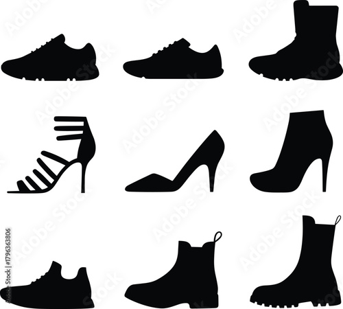 Silhouettes of Diverse Footwear Styles – Sneakers, Heels, Boots, Sandals – Fashion Shoe Vector Set for Retail, Design, Catalog UseSilhouettes of Diverse Footwear Styles