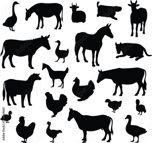 Silhouettes of farm animals in grid layout – includes horse, cow, pig, goat, duck, chicken, goose for rural, livestock, and educational design