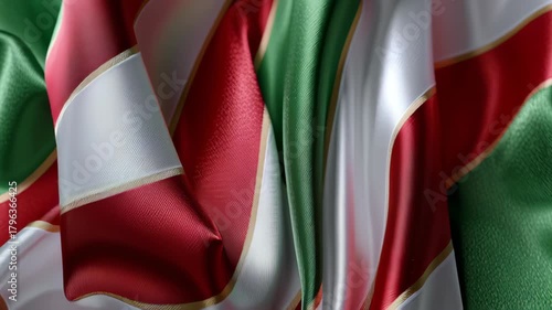 A piece of fabric with red, white, and green stripes. The stripes are very thin and the fabric is very soft. Luxury satin textile christmas red green white gold premium macro