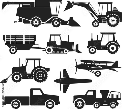 Silhouettes of Farm and Transport Vehicles – Vector Set of Tractors, Trucks, Planes, and Machinery for Agriculture, Construction, and Logistics Design
