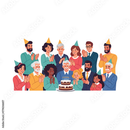 Diverse group of cheerful adults celebrate around a layered birthday cake, clapping and smiling yay