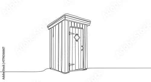 Village outhouse in snow line art symbolizing rural winter life