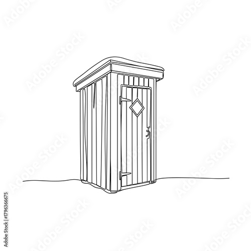 Snowy outhouse in village line drawing symbolizing simplicity and survival