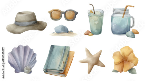 Summer Objects Collection with Shells, Hat, Glasses, and Flower on Transparent Background