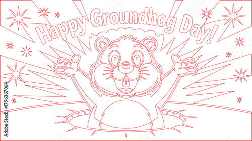 Line Art Happy Groundhog Day Featuring Cute Cartoon Groundhog Popping Out Of Burrow