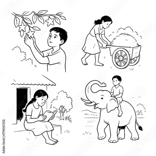 Adorable Kids’ Cartoon Lineart with Cloud Character Tamil Cute Girl Walking with a Little Cloud – Simple Line Art Illustration 