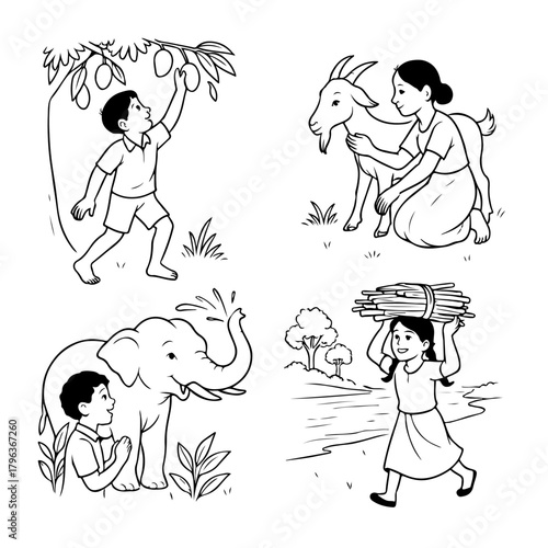 Adorable Kids’ Cartoon Lineart with Cloud Character Tamil Cute Girl Walking with a Little Cloud – Simple Line Art Illustration 