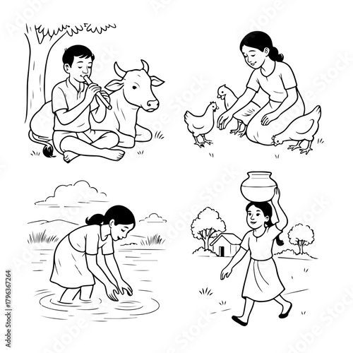 Adorable Kids’ Cartoon Lineart with Cloud Character Tamil Cute Girl Walking with a Little Cloud – Simple Line Art Illustration 