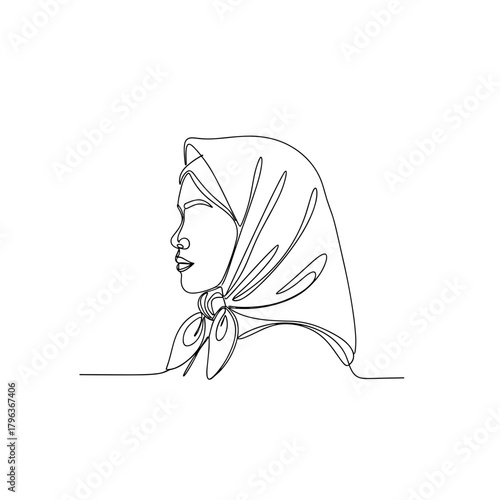 Village woman in headscarf line art symbolizing tradition and resilience