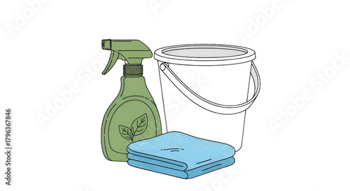 Eco-green spray bottle, white bucket with handle, and bluish folded towels ready for cleaning tasks