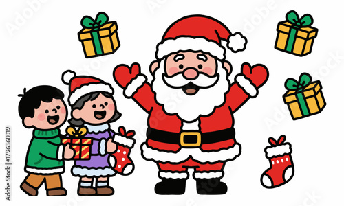 Cheerful Santa Claus with children and gifts in a festive Christmas celebration.