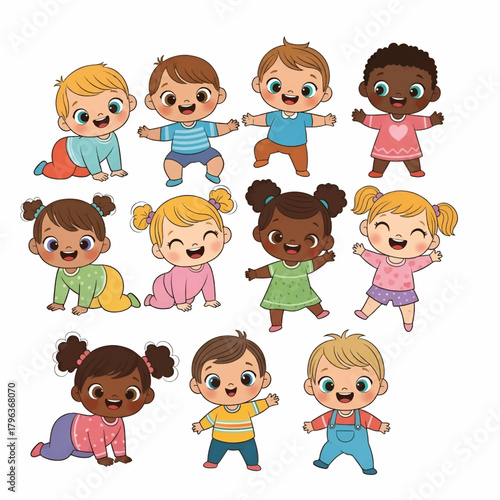 Eleven diverse toddlers playfully pose, crawl, and dance in bright outfits and smiles. lively scene!