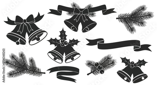 Collection of hand drawn christmas bells holly sprigs and festive ribbons in silhouette style