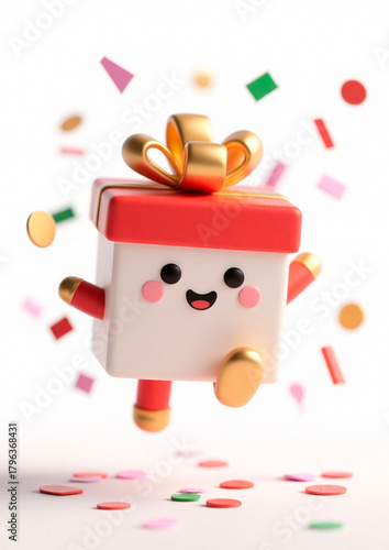 Cute Christmas gift box character celebrating. Merry Christmas Poster Design
