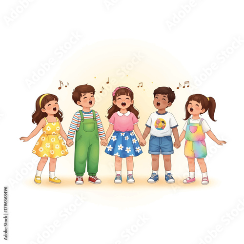 Five children hold hands and sing together under a warm sun musical notes float beneath a warm glow