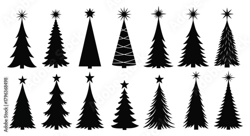 Collection of twelve stylized black christmas trees with stars on top against a textured background
