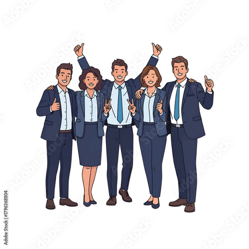 Five professionally dressed colleagues celebrate success together, smiling, posing united and proud