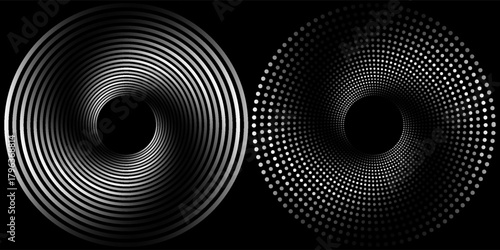 et of black thick halftone dotted speed lines. Speed lines in circle form. Geometric art. Design element for frame, logo, tattoo, web pages, prints, posters, template, abstract vector background.