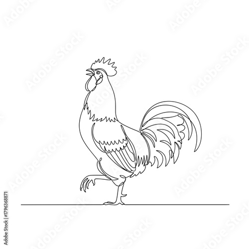 Rooster crowing in snow line art symbolizing rural winter awakening