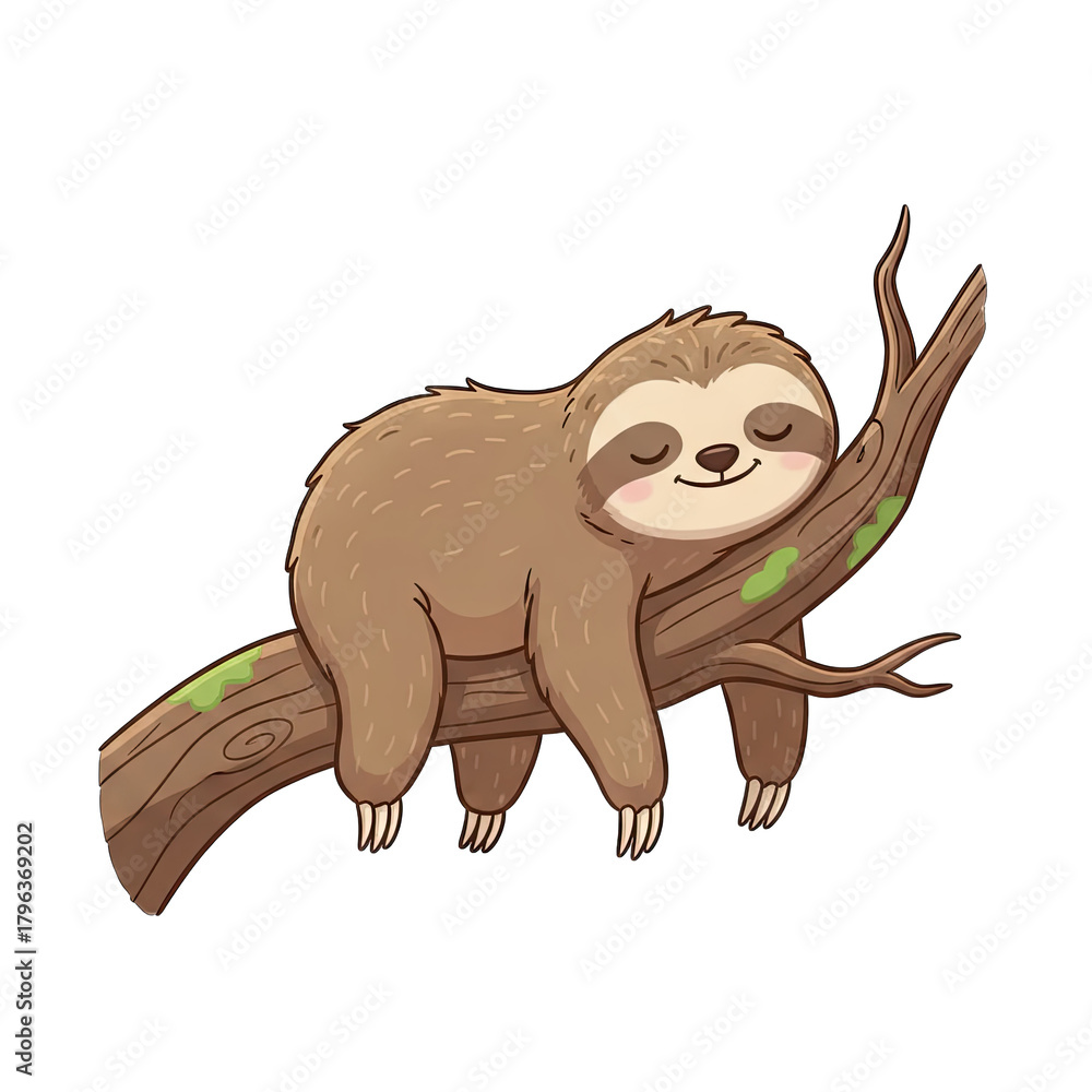 Naklejka premium Cartoon drawing of a cute sloth sleeping peacefully on a tree branch with green moss and closed eyes in a soft artistic style
