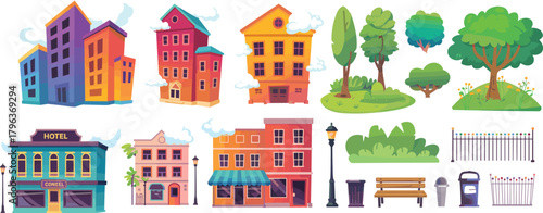 Urban and Park Scene with Colorful Buildings, Trees, Benches, and Street Fixtures for City Planning, Landscape Design, and Vector Illustration