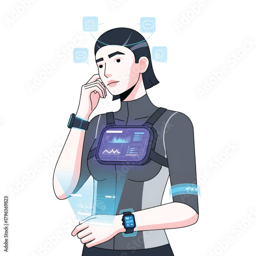 Futuristic figure in dark athletic suit with glowing chest display and wrist screens with blue UI!!!