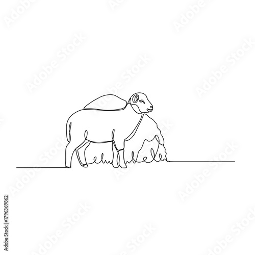 Lamb by haystack in snow line drawing symbolizing warmth and dependence