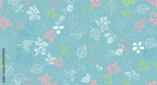 Seamless pattern of delicate outline and solid leaves and branches in pastel colors on a soft blue background, evoking a fresh and natural botanical theme.