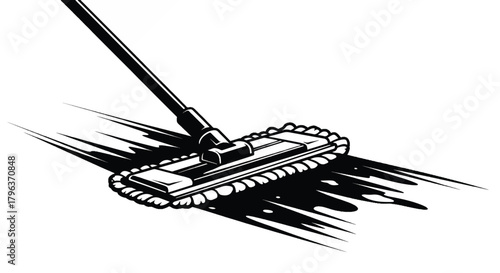 High-contrast sketch of a mop head with rope fringe, angled handle, and splash marks across floorxy