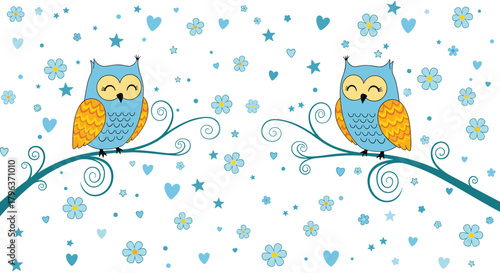 Two happy blue and orange cartoon owls perch on decorative branches, surrounded by tiny blue hearts, stars, and flowers.