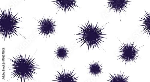 Scattered dark purple spiky spheres create an abstract pattern, reminiscent of sea urchins or starbursts on a clean white background.