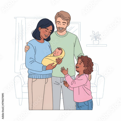 Joyful couple with a swaddled newborn stand with daughter in a cozy living room. They smile warmly.
