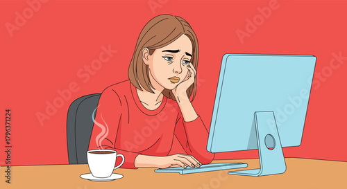 An exhausted young woman struggles to concentrate on her computer screen at her desk, relying on a hot cup of coffee to stay awake.