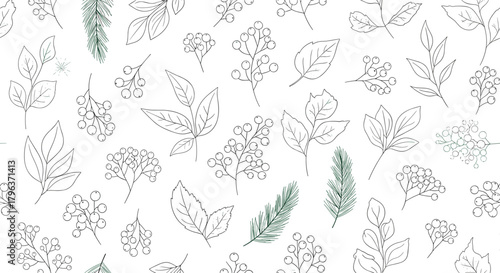 Delicate botanical seamless pattern featuring hand-drawn outline illustrations of leaves, winter berries, and evergreen branches with green details.