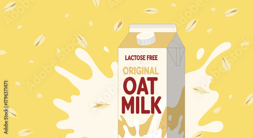 A vibrant illustration depicts a carton of original lactose-free oat milk surrounded by splashes of milk and falling oat flakes on a cheerful yellow background.