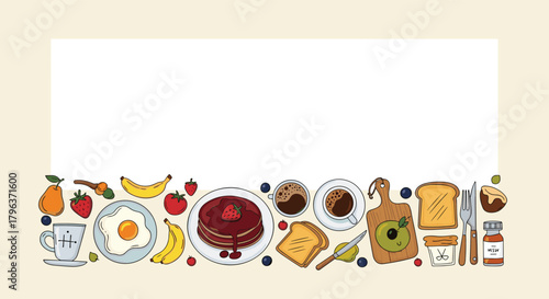 Colorful hand-drawn breakfast elements like eggs, pancakes, and coffee create a cheerful bottom border on a light background with text space.