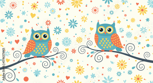 Two adorable blue cartoon owls perch on decorative branches, surrounded by a playful pattern of colorful flowers, hearts, and stars.