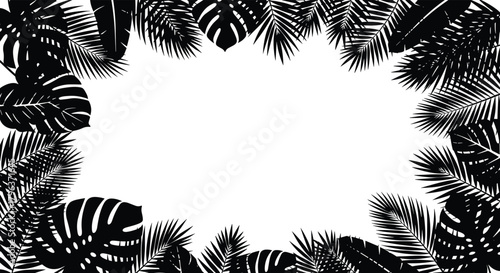 Black silhouettes of tropical palm and monstera leaves forming a decorative border around a white empty space, perfect for summer designs.