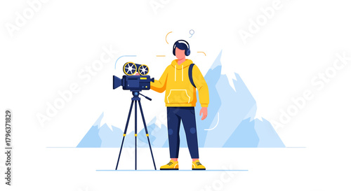 A flat design vector illustration portraying an independent filmmaker with a video camera, set against a backdrop of snowy mountains. 