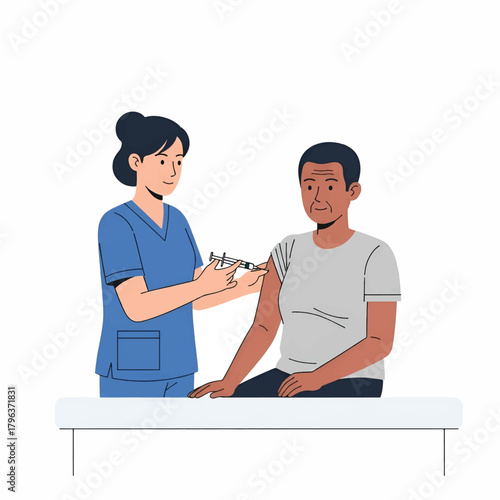 Nurse in blue scrubs administers a syringe to a seated man in a gray t-shirt while scene stays calm