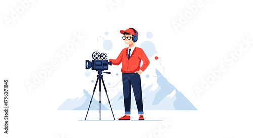A flat design vector illustration portraying an independent filmmaker with a video camera, set against a backdrop of snowy mountains. 