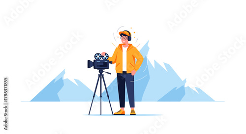 A flat design vector illustration portraying an independent filmmaker with a video camera, set against a backdrop of snowy mountains. 