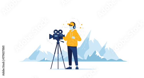 A flat design vector illustration portraying an independent filmmaker with a video camera, set against a backdrop of snowy mountains. 