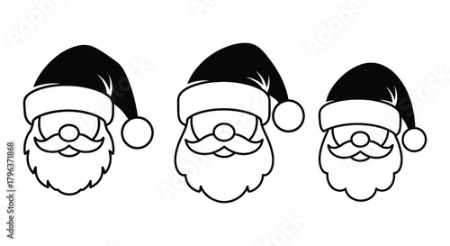 Three stylized black and white outline drawings of santa claus faces with hats and beards