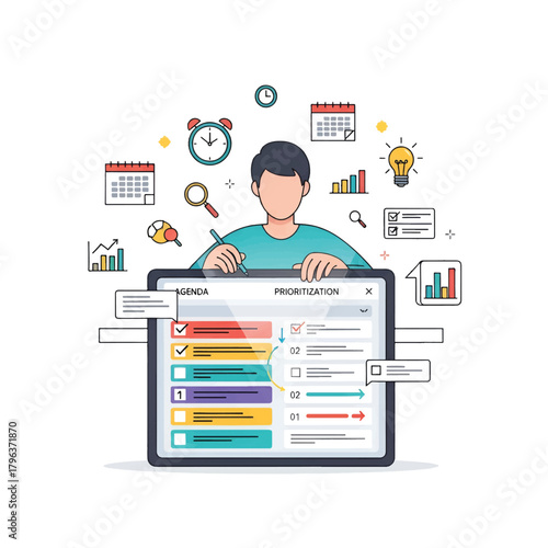 Person edits a prioritization agenda on a large tablet, surrounded by clocks, calendars, and charts